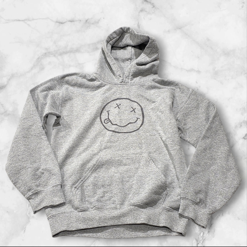 Gildan Gray Long Sleeve Pullover Hoodie with Emoji Design Size Small (S) A92